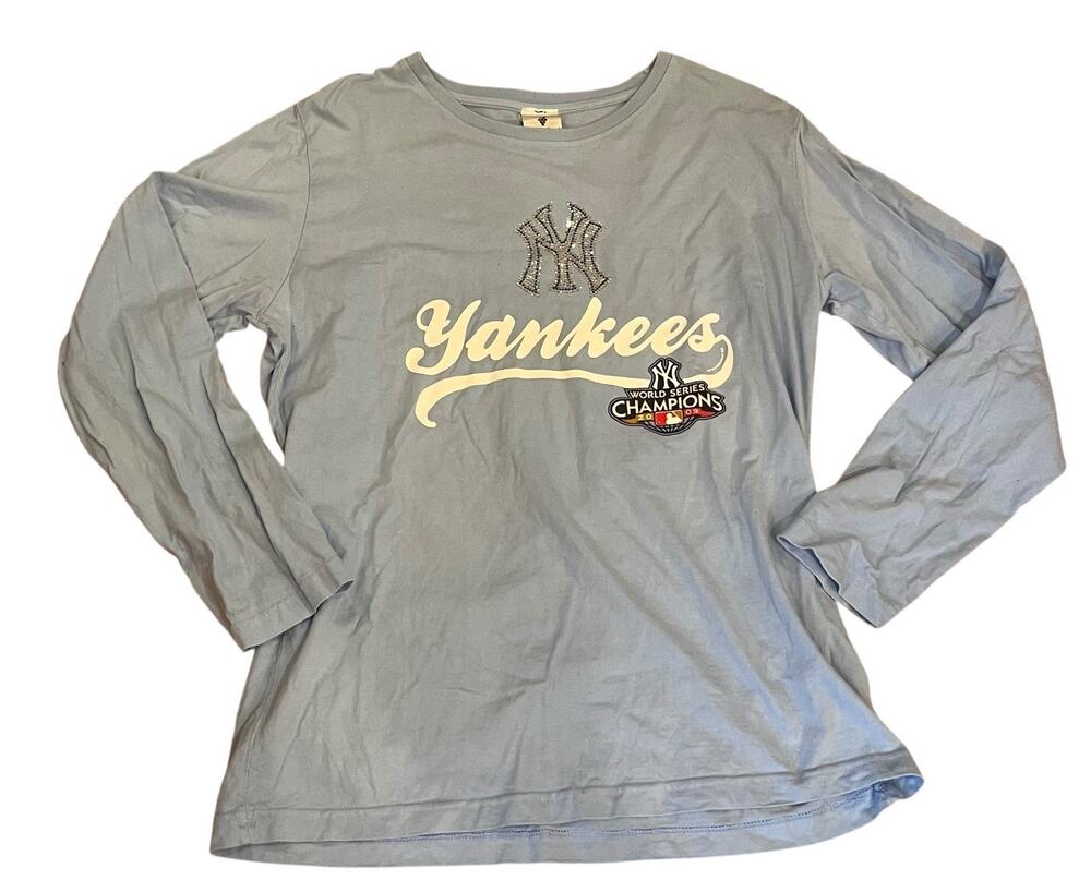 New York Yankees Soft As A Grape T Shirt Womens L Blue Rhinestone 2009 World Ser